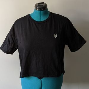 Black Crop Tee with Silver Embroidered Heart
